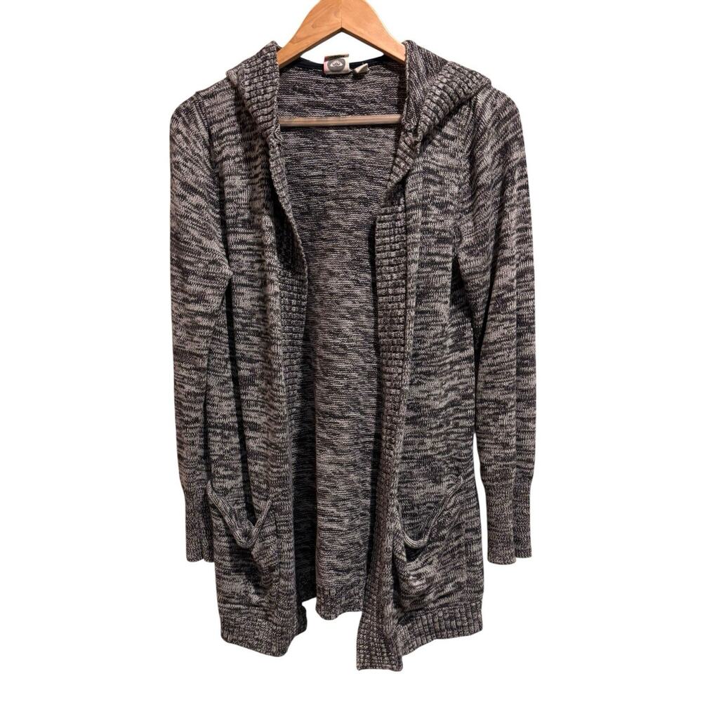 Roxy Gray Black Hooded Open Front Long Cardigan Pockets Size Large